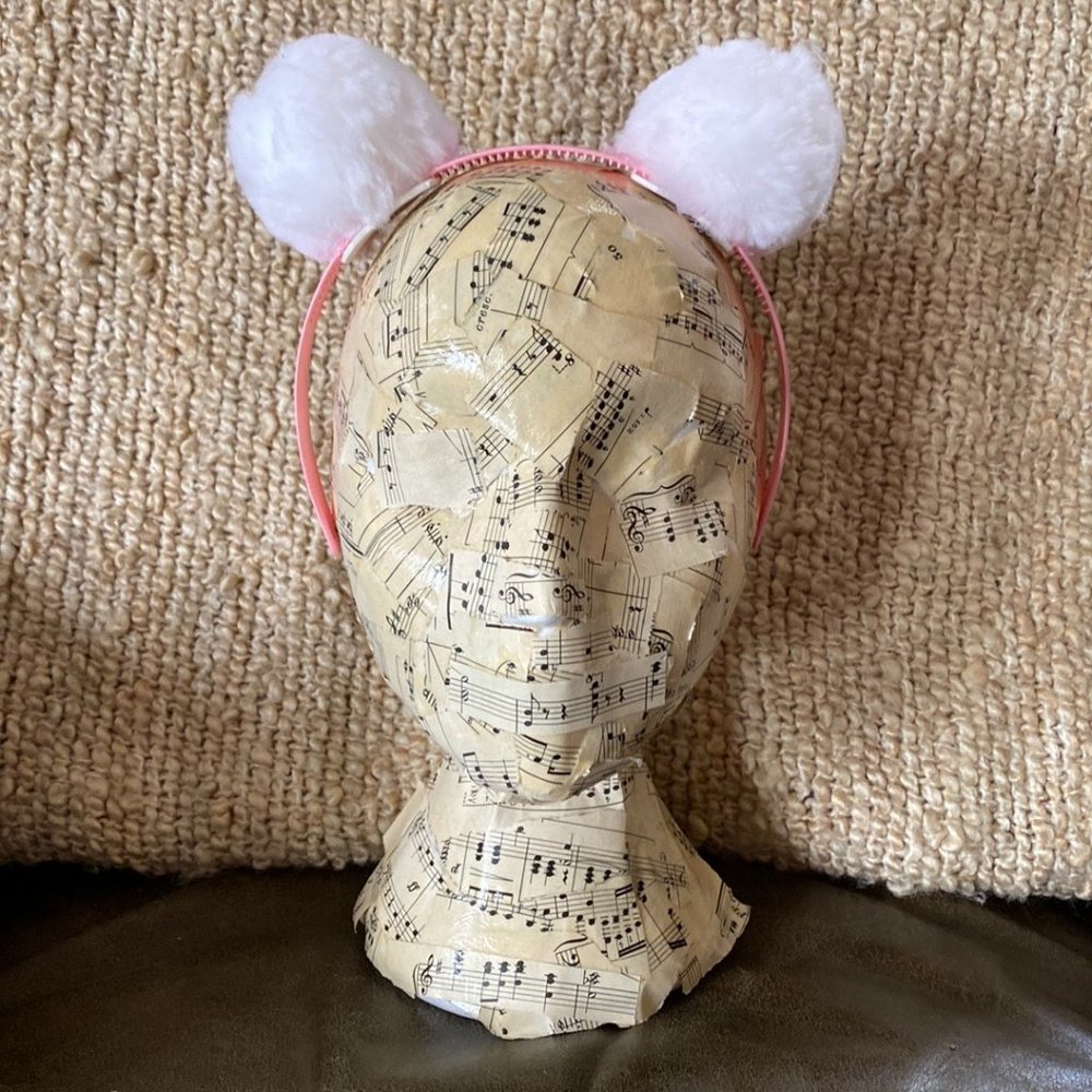 Handcrafted pom pom headband. White on pink. new!